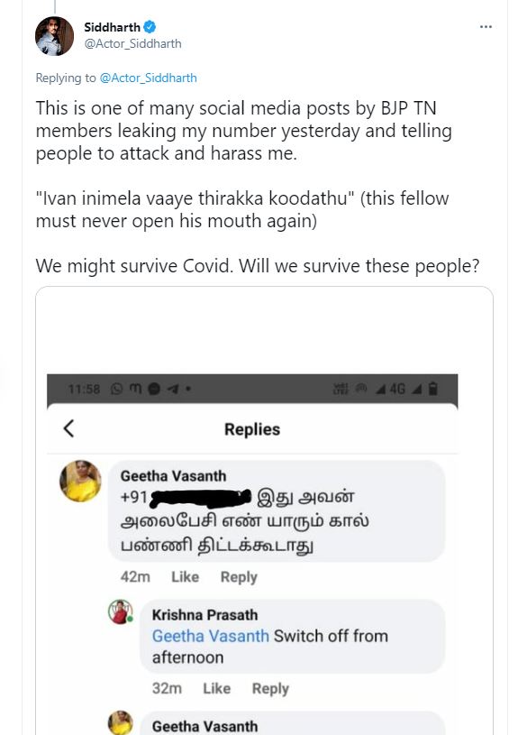 Actor Siddharth Death Threats Tweet Leak Number