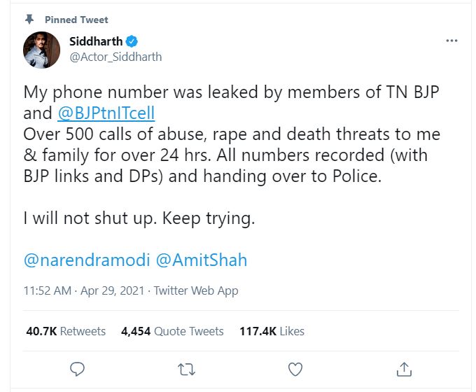 Actor Siddharth Death Threats Twitter