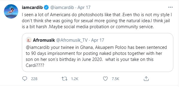Cardi.B reaction on jail sentence of Akuapem Poloo.