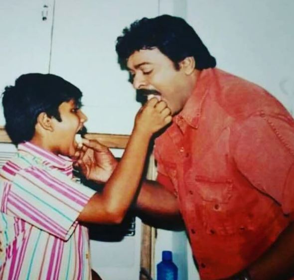 Childhood photo of Teja Sajja with Megastar Chiranjeevi