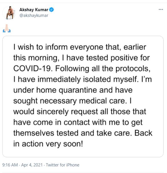 Coronavirus News Akshay Kumar Tests Covid-19 Positive, Says Will Be Back In Action Very Soon