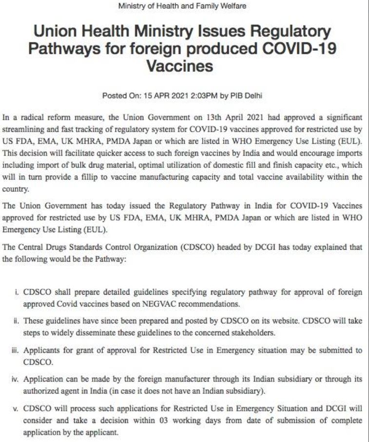 Health Ministry Guideline Page 1 for Foreign Covid Vaccine Approval