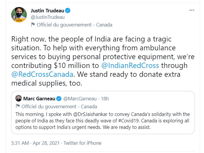 Justin Trudeau Tweet India Help