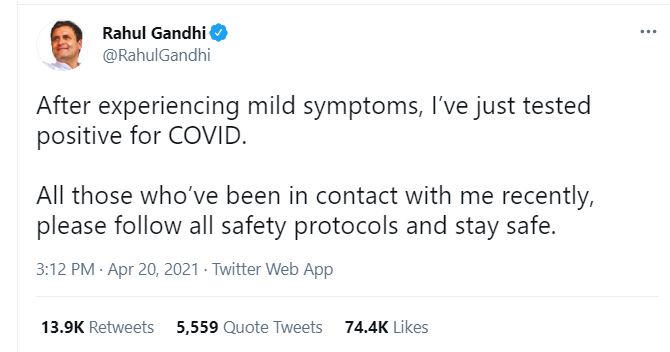 Rahul Gandhi Tests Positive For Covid-19 Corona Tweet