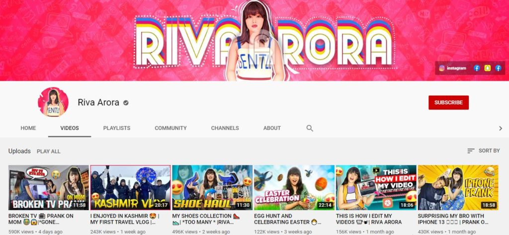 Riva Arora Youtube channel