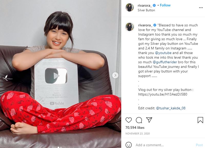 Riva Arora won Youtube silver play button