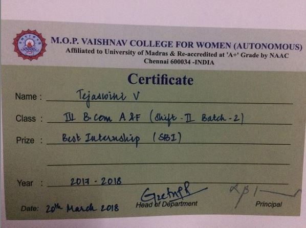 Tejaswini Vivek honored as the best internship by SBI.