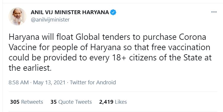 Anil Vij tweet COVID Global Tenders