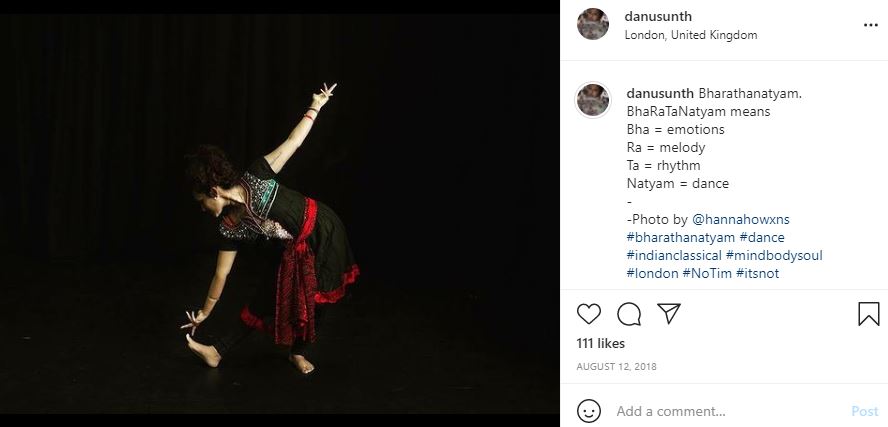 Danu Sunth is a trained Bharathanatyam dancer