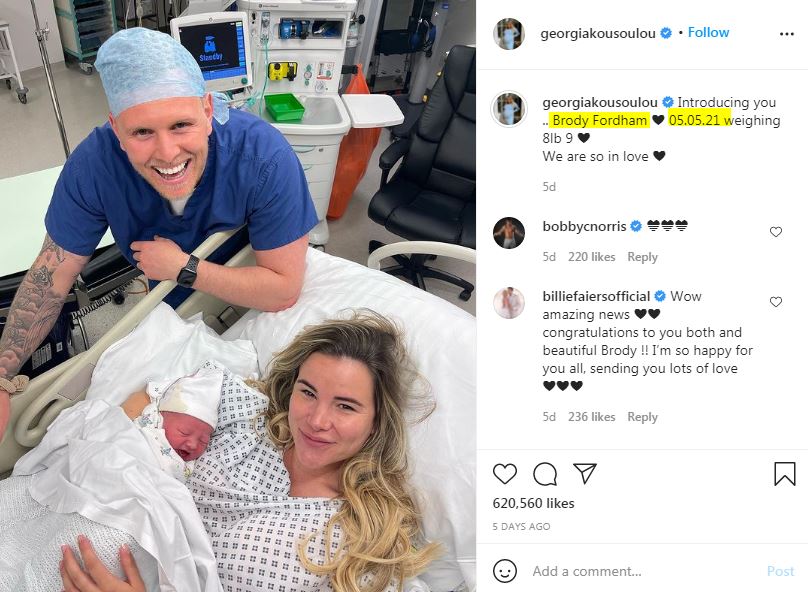 Georgia Kousoulou and Tommy Mallet with their son Brody Fordham