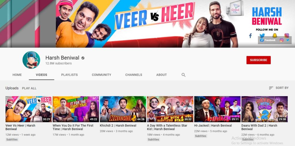 Harsh Beniwal's Youtube channel
