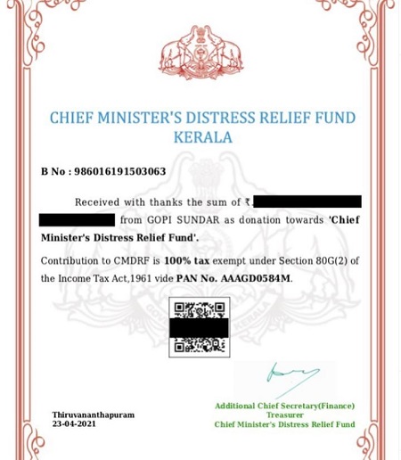 Priya Sunder's partner Gopi Sundar donated for the Chief Minister's Distress Relief Fund Kerala