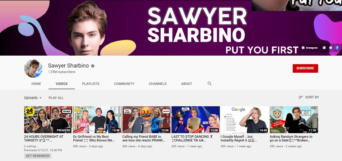 Sawyer Sharbino YouTube channel