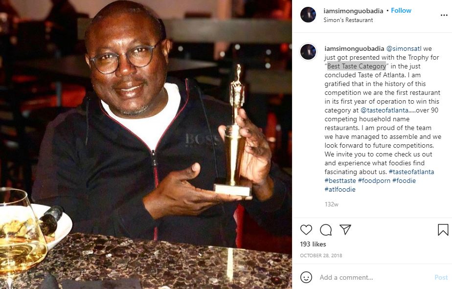 Simon Guobadia won Best Taste Category trophy for his restaurant