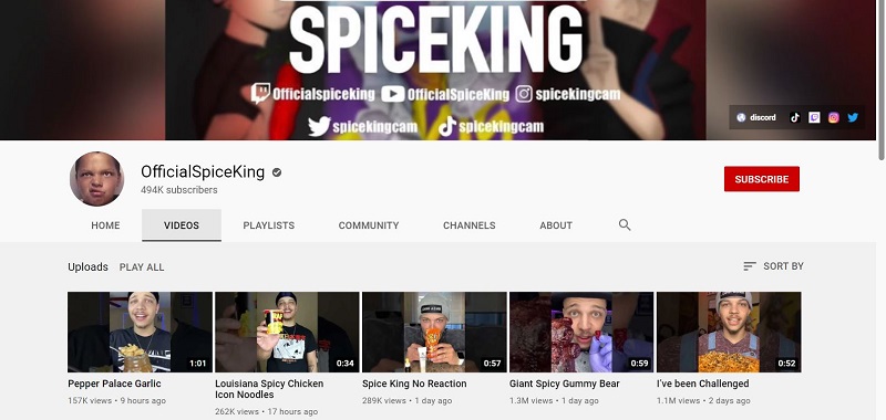 Spice King YouTube channel mainly posts videos related to spicy food eating challenges