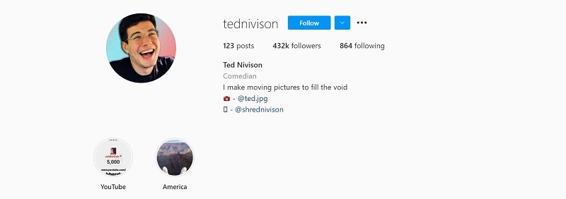 Ted Nivison Instagram account has over 450,000 followers as of May 2021