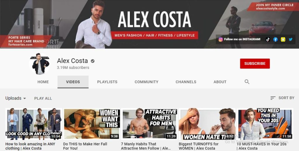 Alex Costa's Youtube channel
