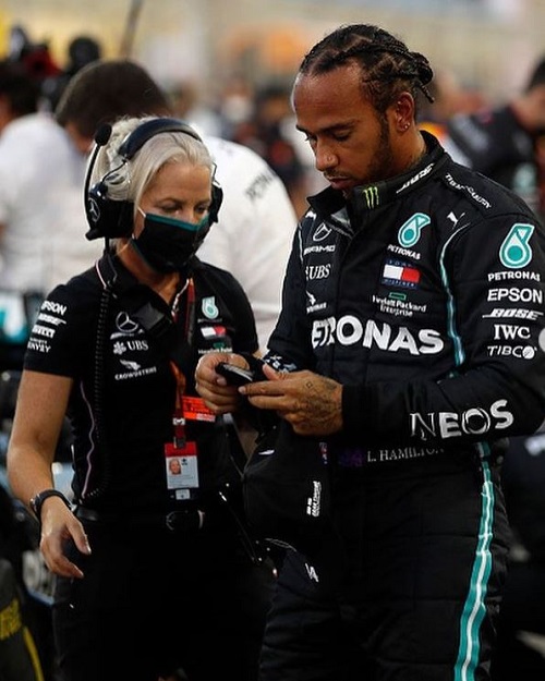 Angela Cullen photographed with Lewis Hamilton