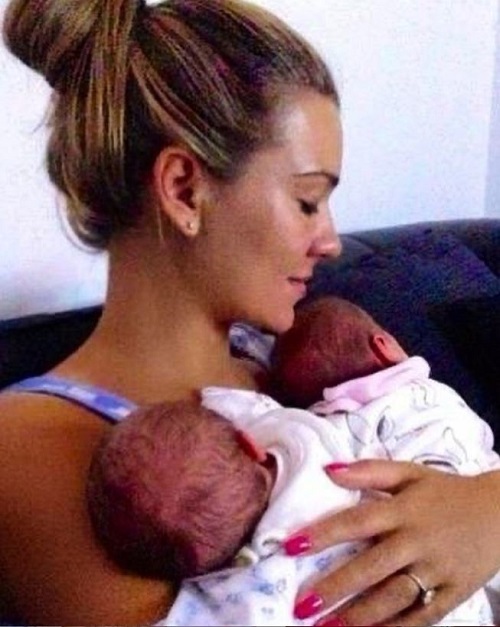 Christine Martin with her new born baby twins Penelope and Leo