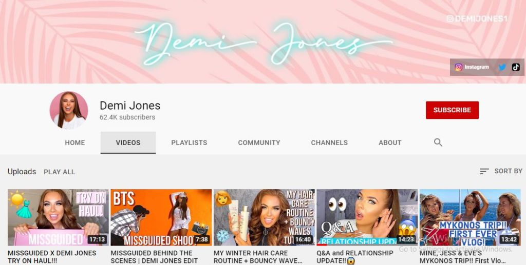 Demi Jones's Youtube channel