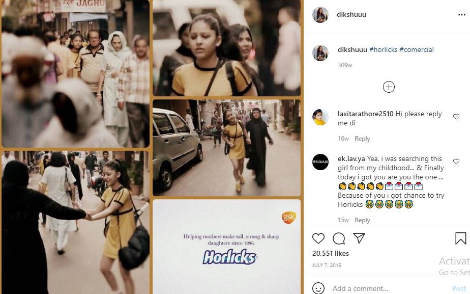 Diksha Sharma appeared in Horlicks commercial