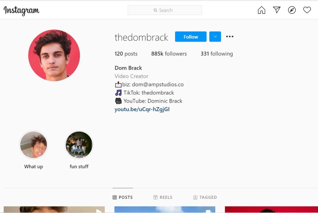 Dom Brack has over 885k on Instagram account