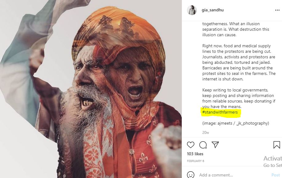 Gia Sandhu supports farmers protests