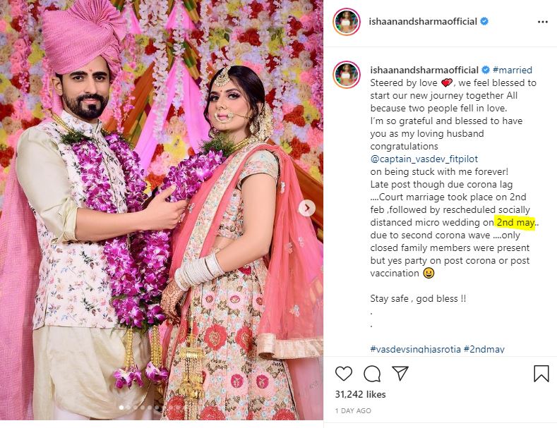 Isha Anand Sharma got married to Vasdev Singh Jasrotia