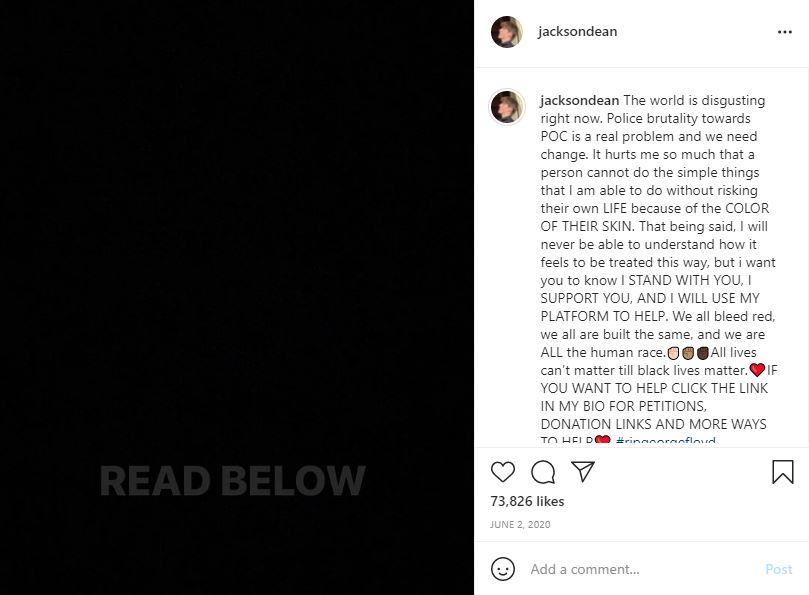 Jackson Dean supports Black Lives Matter