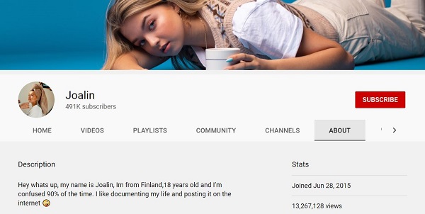 Joalin Loukamaa YouTube channel has more than 491,000 subscribers