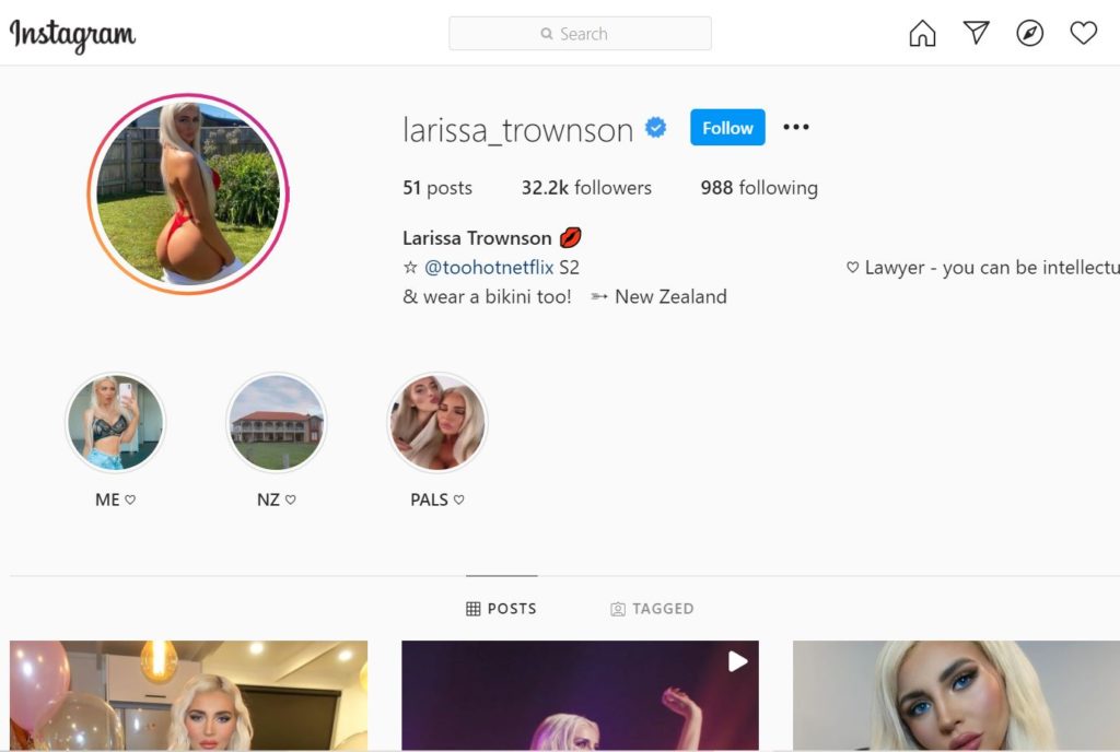 Larissa Trownson has 32.2k fan followers on her Instagram account