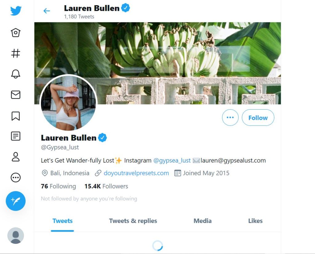 Lauren Bullen has 15.4k followers on her Twitter account