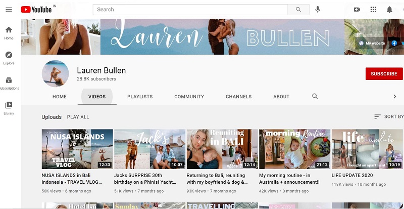 Lauren Bullen has 28.8k subscribers on her YouTube channel
