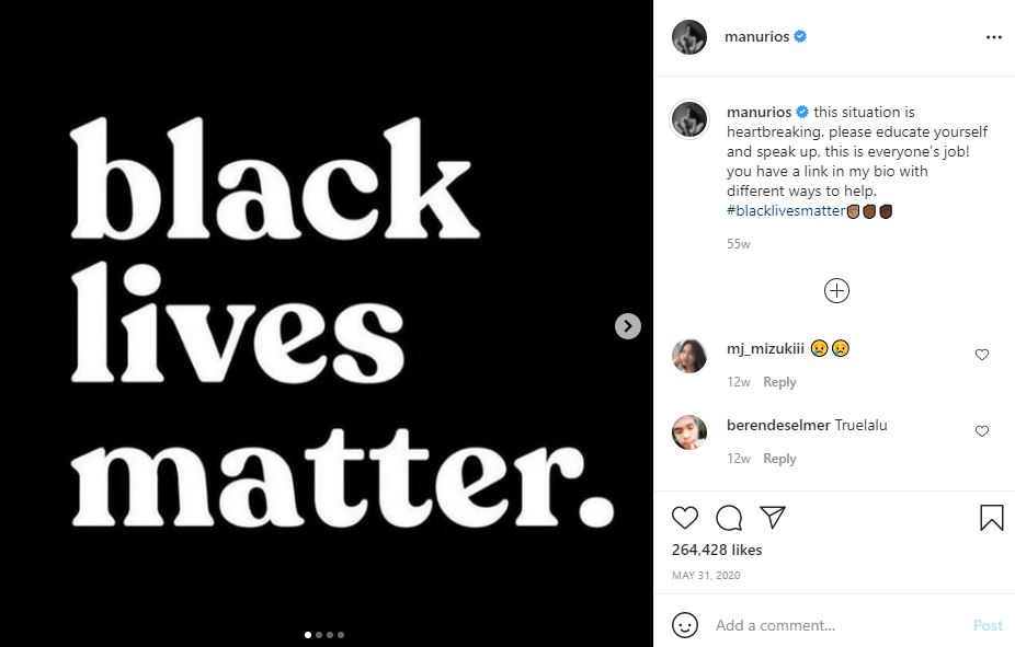 Manu Rios supports Black Lives Matter movements