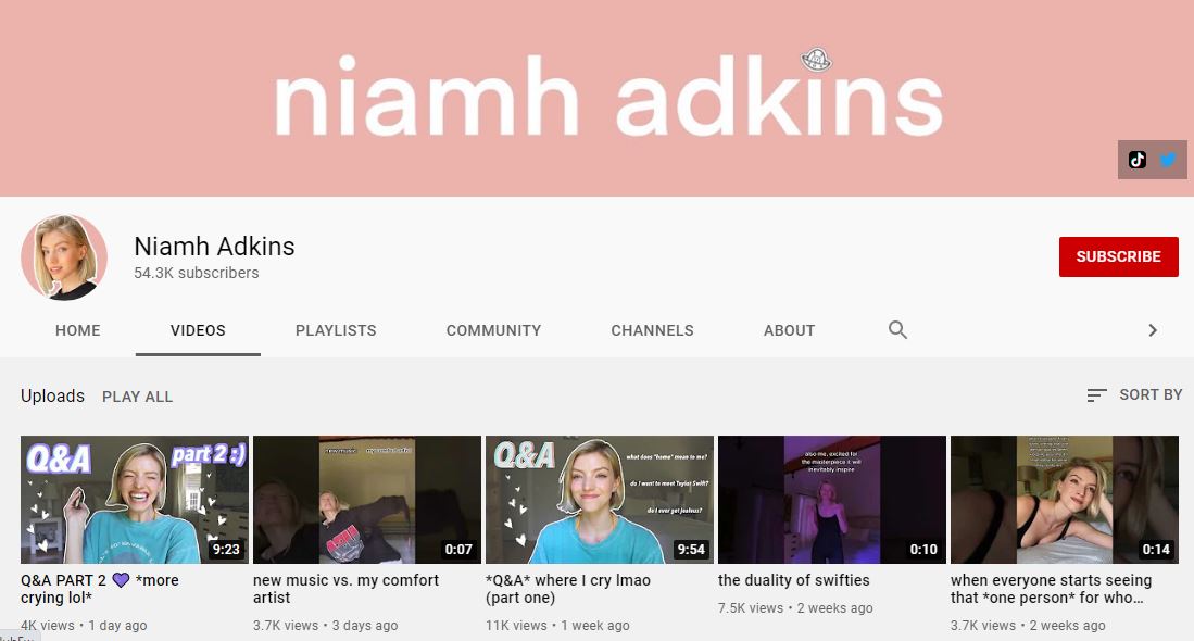 Niamh Adkins YouTube channel
