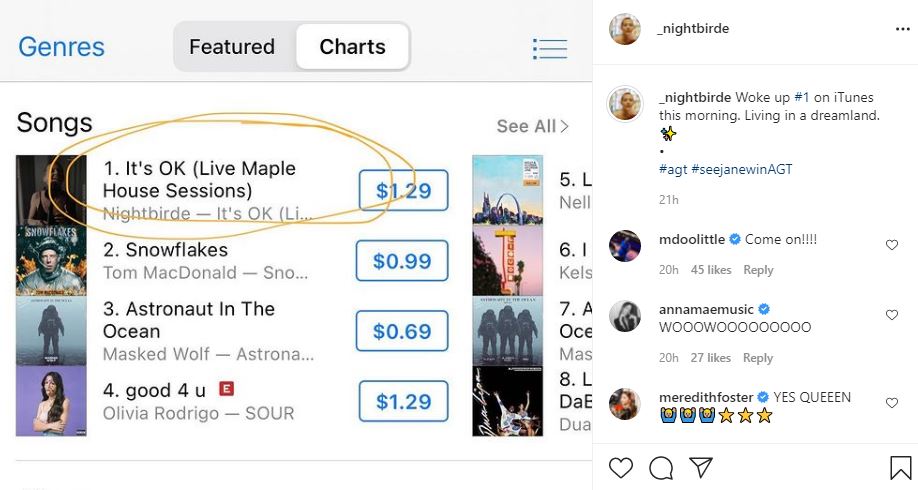 Nightbirde's song IT'S OK on #1