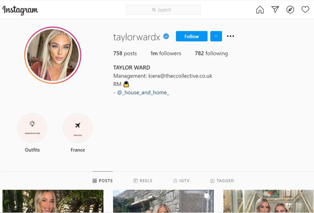 Taylor Ward has 1 million followers on her Instagram account