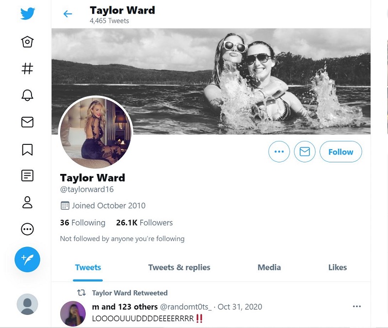 Taylor Ward has 26.1k followers on her Twitter account