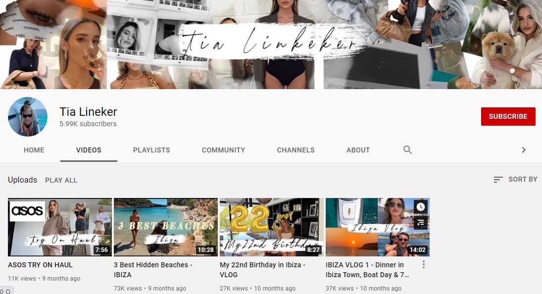 Tia Lineker YouTube channel