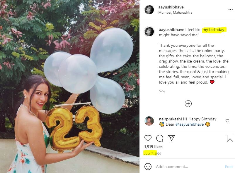 Aayushi Bhave celebrated her 23rd birthday last year