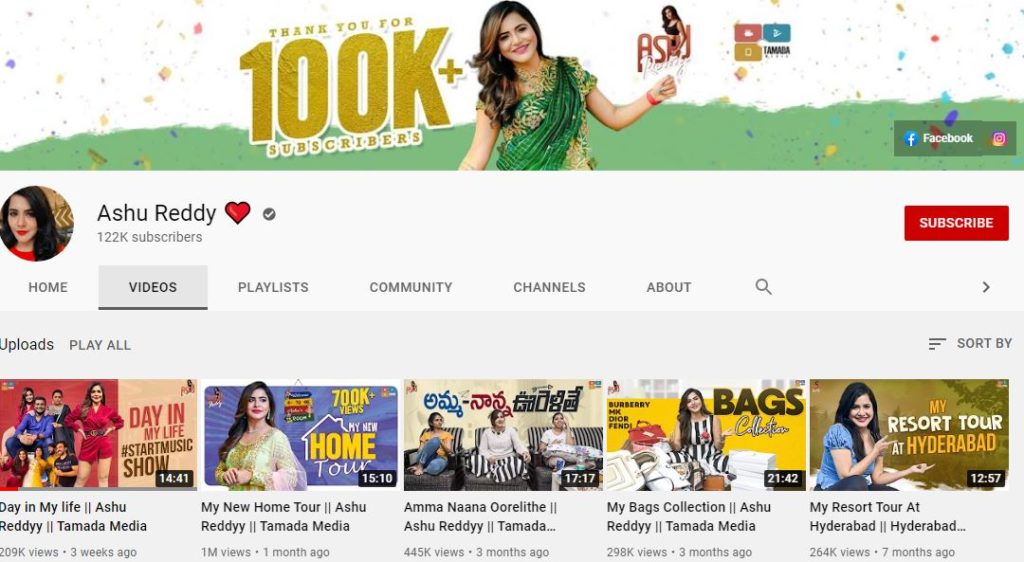 Ashu Reddy YouTube channel
