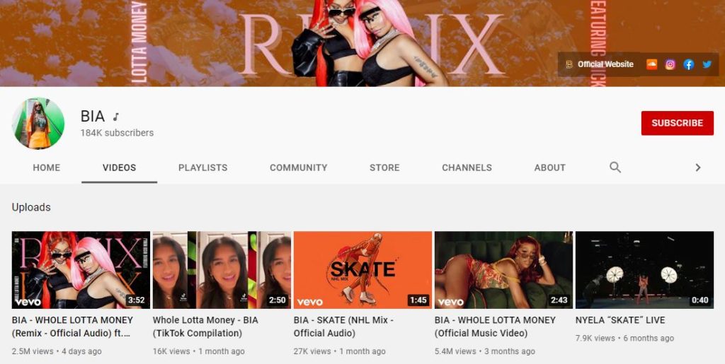 Bia Rapper YouTube channel