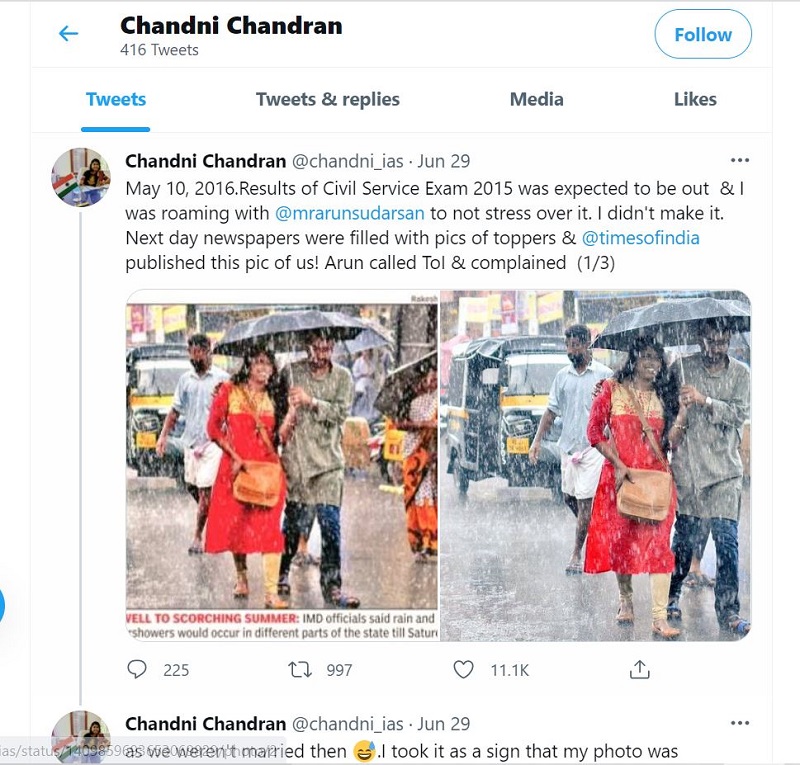 Chandni Chandran posted a picture of her with her boyfriend Arun Sudarsan, which was once published in The Times Of India newspaper in the year 2016