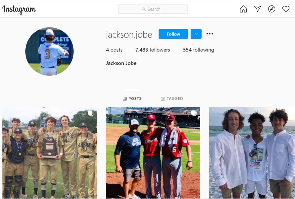 Jackson Jobe's Instagram account
