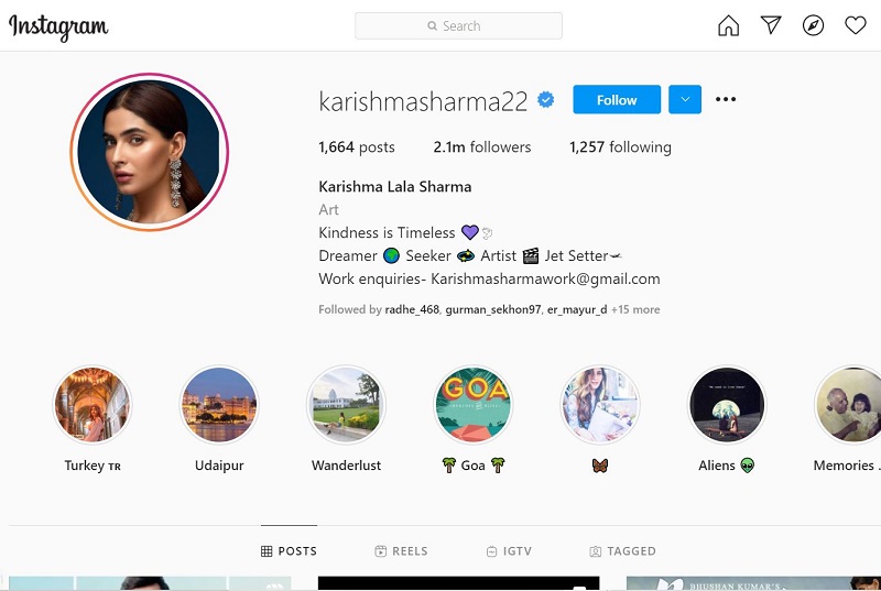 Karishma Sharma's Instagram account