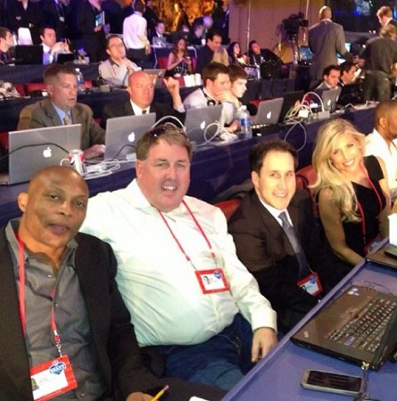 Melanie Collins with reporters
