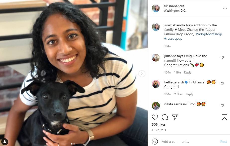 Sirisha Bandla with her pet dog Chance
