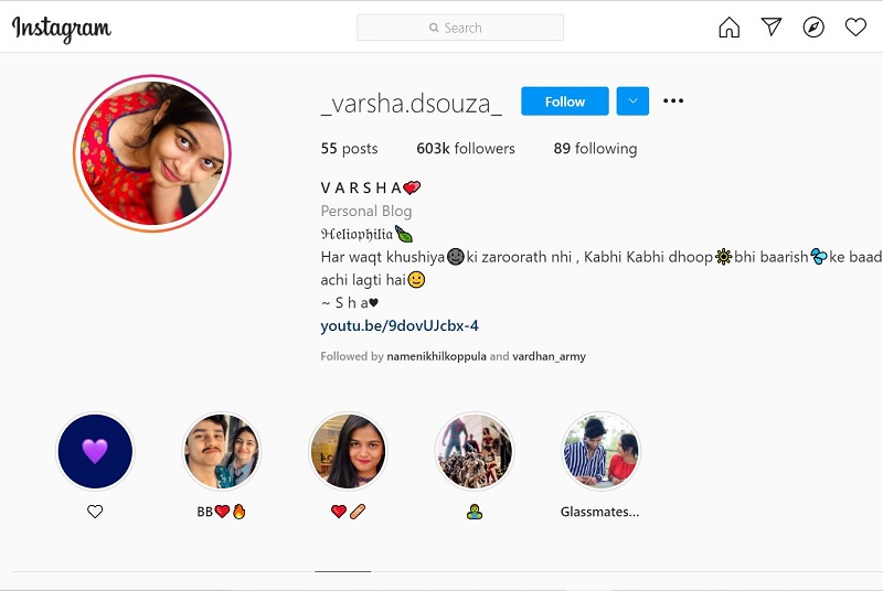 Varsha Dsouza Instagram account