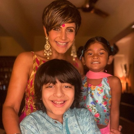 Vir Kaushal with his mom Mandira Bedi and sister Tara Bedi Kaushal wishing Happy Diwali