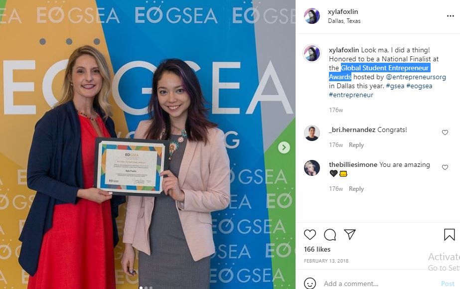 Xyla Foxlin won Global Student Entrepreneur Awards